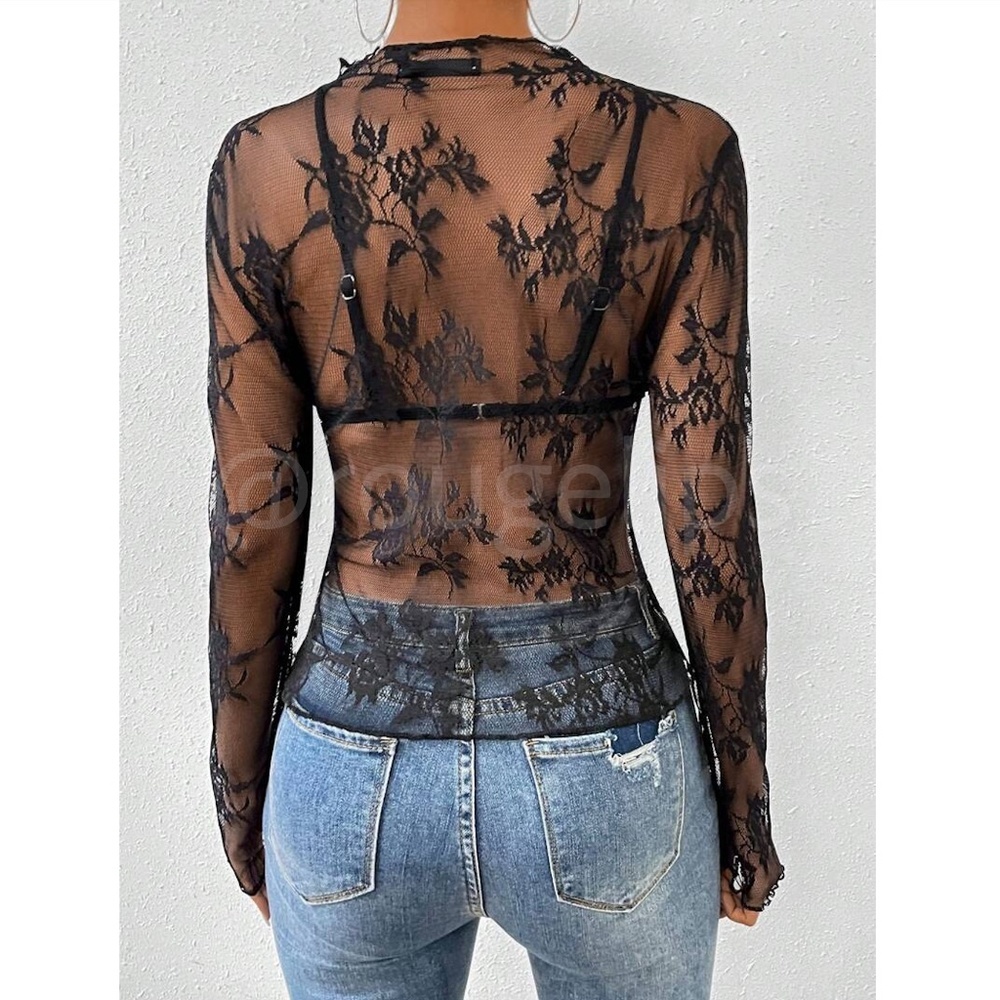 Black Lace Sheer Floral Long Sleeve Top Shirt - Picture 3 of 8